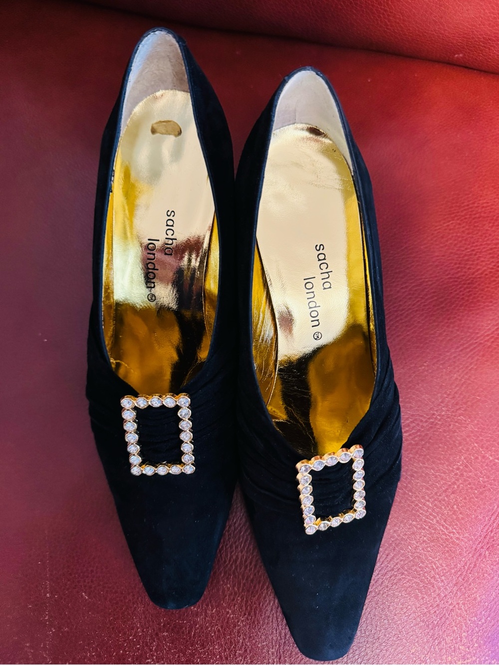 Sacha London Black Suede Pointed Toe Heels with Crystal Buckle